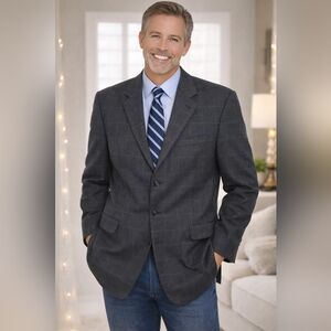 LINEA UOMO Men's 100% Lambswool Plaid Suit Coat 44 XLong Navy Blue Rust Red